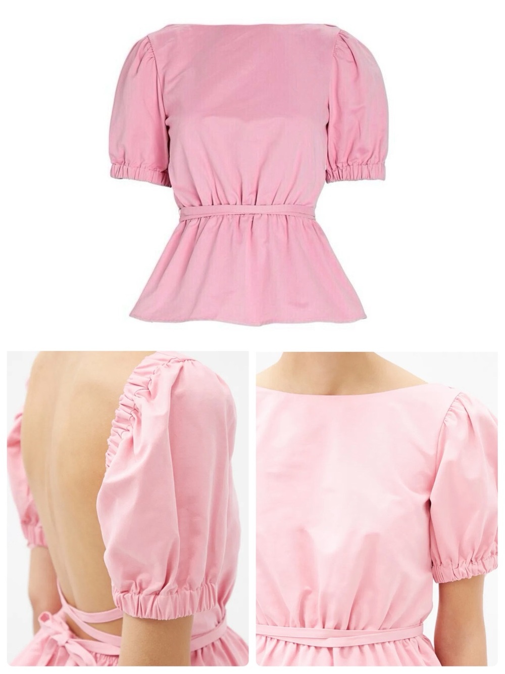 STAUD Marie Backless Puff Sleeve Cotton Poplin Peplum Top in Pink